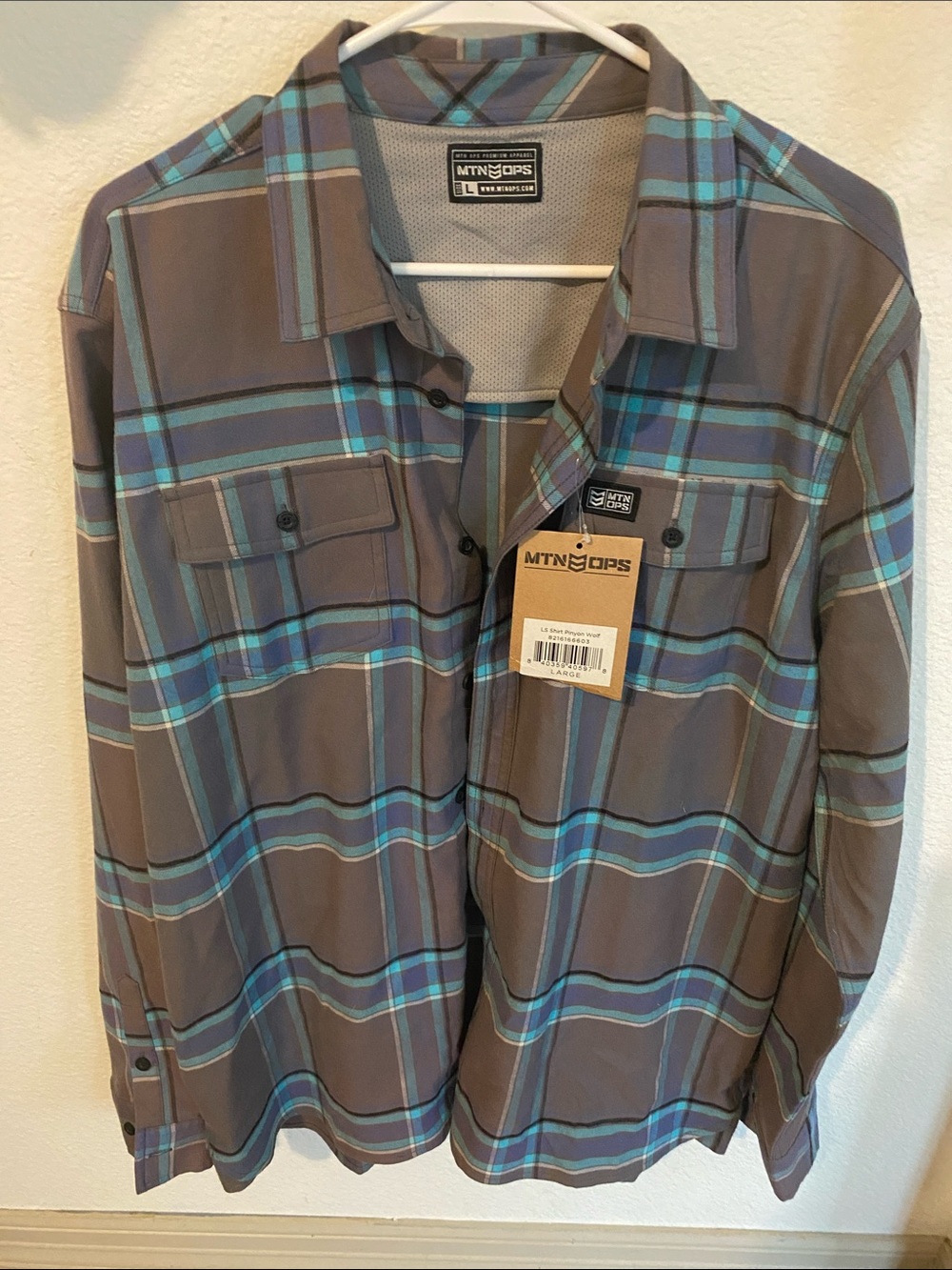 MTN OPS Men's Plaid Long-Sleeve Shirt - Gray with Teal Plaid nwt large